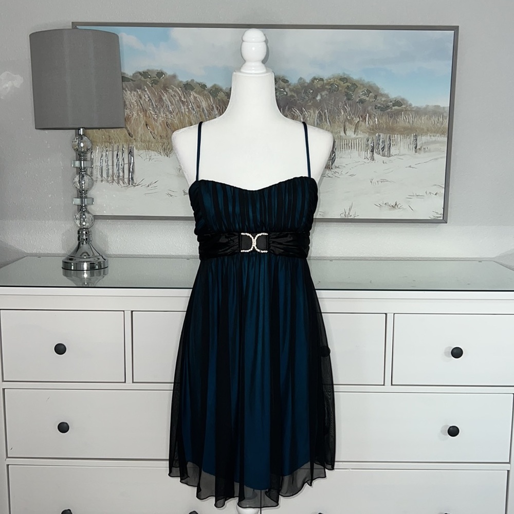 NWT City Triangles Sheer Black W/ Aqua Blue Underlay & Satin Bodice W/Rhinestone